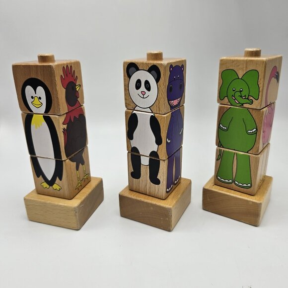 Excellerations Wooden Animal Block Puzzle Stack Build Toy Giraffe Hippo Peg - Picture 1 of 6